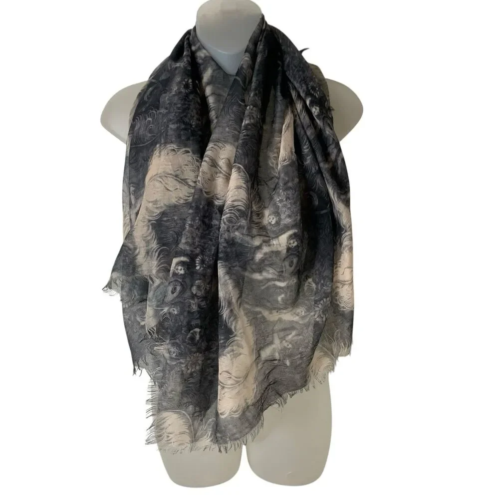 Maison Scotch Mythological Cherubs Scarf Wrap Black Beige Art Renaissance Sheer